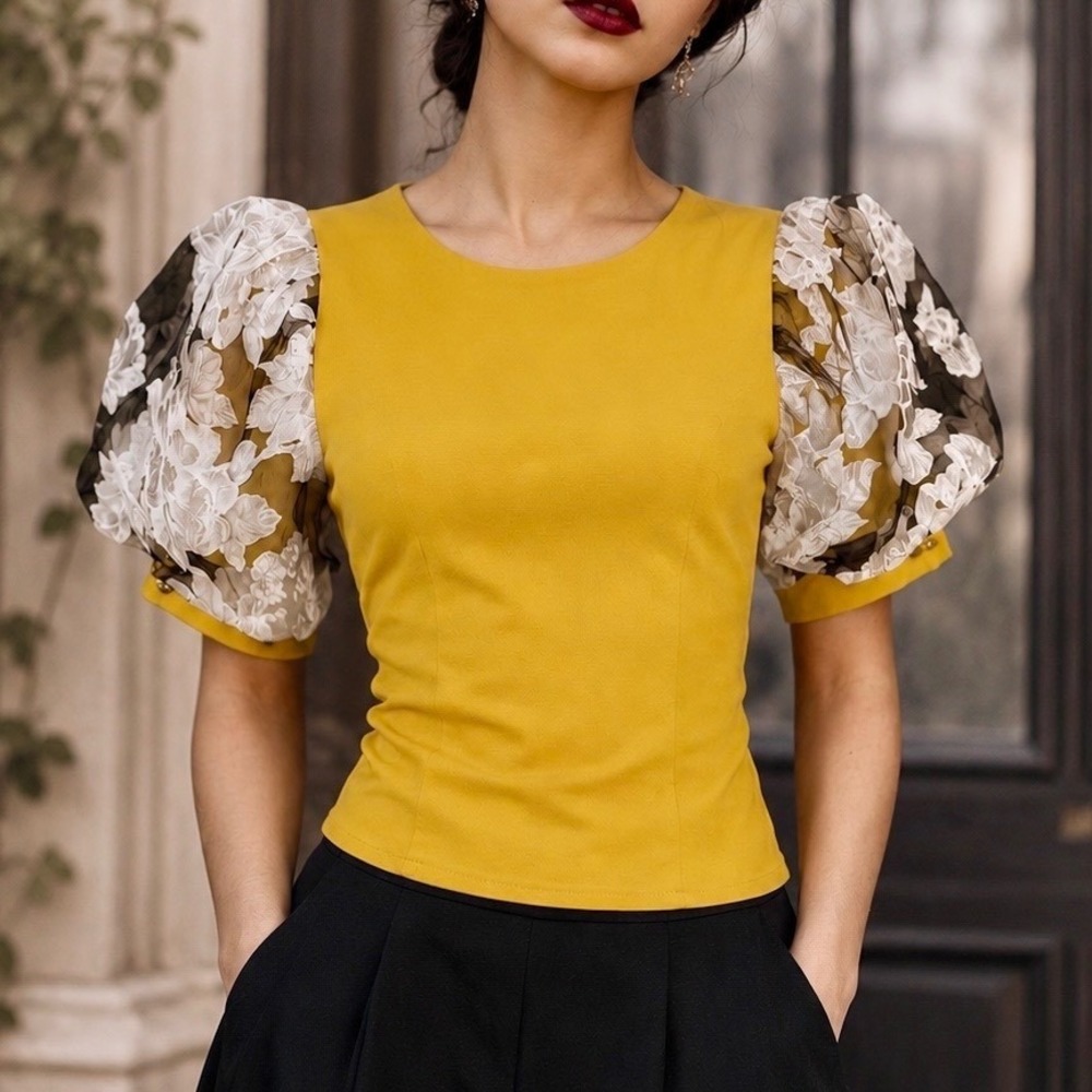 Organza Puff Sleeve Blouse Yellow Floral Dark Coquette Romantic Boho Whimsigoth